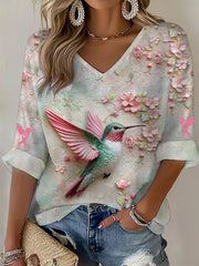 Women's Breast Cancer Awareness Hummingbird Floral Long Sleeve Top