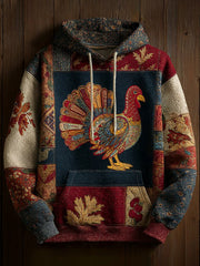 Vintage Thanksgiving Turkey Patchwork Print Art Casual Hoodie