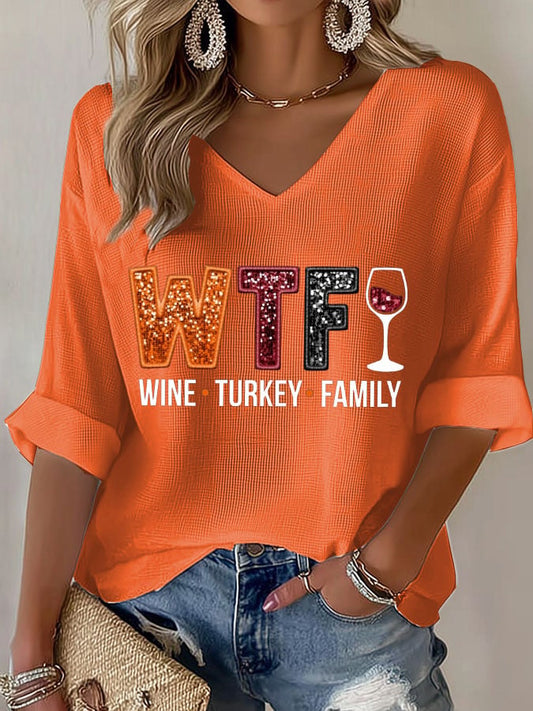 Women's Wine Turkey Family Waffle T-shirt