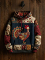 Vintage Thanksgiving Turkey Patchwork Print Art Casual Hoodie