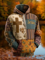 Men's Retro Casual Faith Cross Art Print Oversized Drop-Shoulder Pockets Hoodie