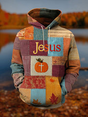 Men's Retro Casual Faith Cross Art Print Oversized Drop-Shoulder Pockets Hoodie