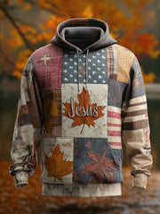 Men's Retro Casual Faith Cross Art Print Oversized Drop-Shoulder Pockets Hoodie