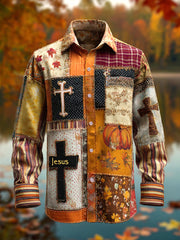 Men's Retro Faith Cross Casual Art Print Long Sleeve Shirt