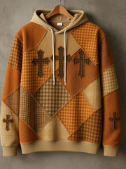 Men's Retro Casual Faith Cross Art Print Drop-Shoulder Hoodie (No Pockets)