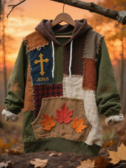 Men's Retro Casual Faith Cross Art Print Oversized Drop-Shoulder Pockets Hoodie