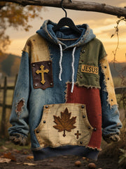 Men's Retro Casual Faith Cross Art Print Oversized Drop-Shoulder Pockets Hoodie