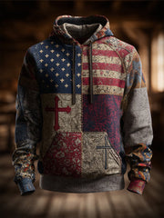 Men's Vintage Casual American Flag Cross Faith Oversized Drop-Shoulder Hoodie
