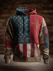 Men's Vintage Casual American Flag Cross Faith Oversized Drop-Shoulder Hoodie