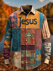 Men's Retro Casual Faith Cross Art Print Long Sleeve Shirt