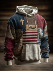 Men's Retro Casual Faith Cross Art Print Oversized Drop-Shoulder Pockets Hoodie