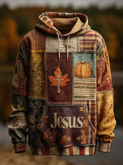 Men's Retro Casual Faith Cross Art Print Oversized Drop-Shoulder Pockets Hoodie