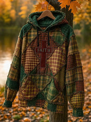 Men's Retro Casual Faith Cross Art Print Oversized Drop-Shoulder Pockets Hoodie