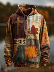 Men's Retro Casual Faith Cross Art Print Oversized Drop-Shoulder Pockets Hoodie