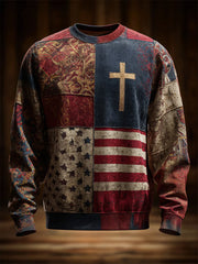 Men's Vintage Casual American Flag Faith Cross Long Sleeve Crew Neck Sweatshirt