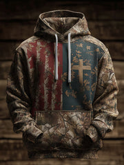 Men's Retro Western Casual Faith Cross Art Print Oversized Drop-Shoulder Pockets Hoodie