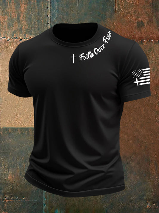 Men's Faih Over Fear Flag Cross Print Short Sleeve T-Shirt
