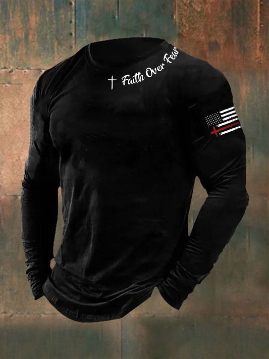 Men's Faih Over Fear Flag Cross Print Long Sleeve T-shirt