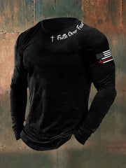 Men's Faih Over Fear Flag Cross Print Long Sleeve T-shirt