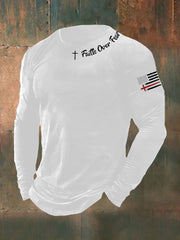 Men's Faih Over Fear Flag Cross Print Long Sleeve T-shirt