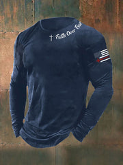 Men's Faih Over Fear Flag Cross Print Long Sleeve T-shirt