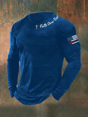 Men's Faih Over Fear Flag Cross Print Long Sleeve T-shirt