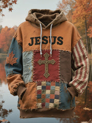 Men's Retro Casual Faith Cross Art Print Oversized Drop-Shoulder Pockets Hoodie