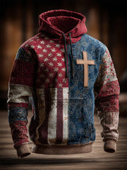 Men's Retro Casual Faith Cross Art Print Oversized Drop-Shoulder Pockets Hoodie