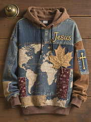 Men's Retro Casual Faith Cross Art Print Oversized Drop-Shoulder Pockets Hoodie