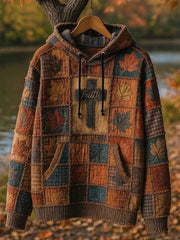 Men's Retro Casual Faith Cross Art Print Oversized Drop-Shoulder Pockets Hoodie
