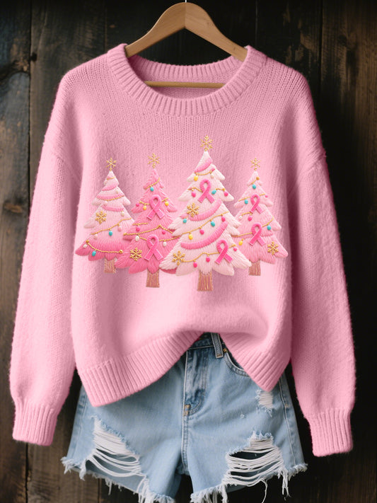 Women's Pink Christmas Tree Embroidered Cozy Knit Sweater