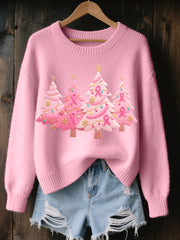 Women's Pink Christmas Tree Embroidered Cozy Knit Sweater