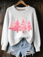 Women's Pink Christmas Tree Embroidered Cozy Knit Sweater