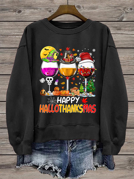 Women's Happy Hallothanksmas Red Wine Glass Sweatshirt