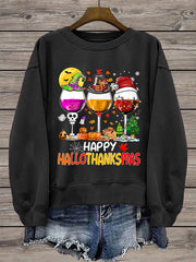 Women's Happy Hallothanksmas Red Wine Glass Sweatshirt