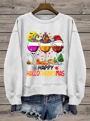 Women's Happy Hallothanksmas Red Wine Glass Sweatshirt