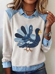 Women's Thanksgiving Turkey Print Patchwork Top
