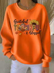 Women's Retro Thanksgiving GOBBLE Print Ribbed Round-Neck Sweatshirt