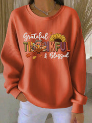 Women's Retro Thanksgiving GOBBLE Print Ribbed Round-Neck Sweatshirt