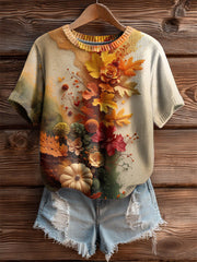 Women's Vintage Autumn Fallen Thanksgiving Print Art Cozy Knit Top