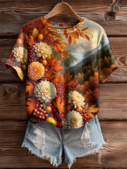 Women's Vintage Autumn Fallen Thanksgiving Print Art Cozy Knit Top