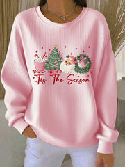 Women's Merry Christmas Christmas Santa Claus Christmas Tree Print Ribbed Round-Neck Sweatshirt