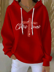 Women's Merry Christmas Cross Print Ribbed Hoodie