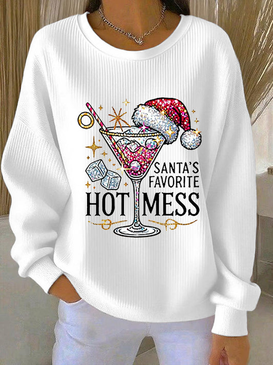 Women's Santa's Favorite Hot Mess Print Casual Ribbed Round-Neck Sweatshirt