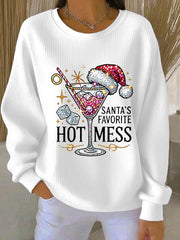Women's Santa's Favorite Hot Mess Print Casual Ribbed Round-Neck Sweatshirt