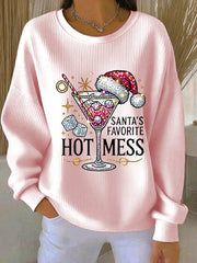 Women's Santa's Favorite Hot Mess Print Casual Ribbed Round-Neck Sweatshirt