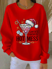 Women's Santa's Favorite Hot Mess Print Casual Ribbed Round-Neck Sweatshirt