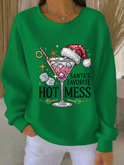 Women's Santa's Favorite Hot Mess Print Casual Ribbed Round-Neck Sweatshirt