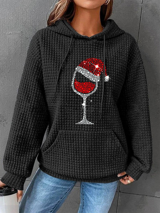 Women's Christmas Red Wine Glass Print Casual Waffle Hoodie