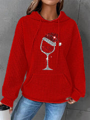 Women's Christmas Red Wine Glass Print Casual Waffle Hoodie